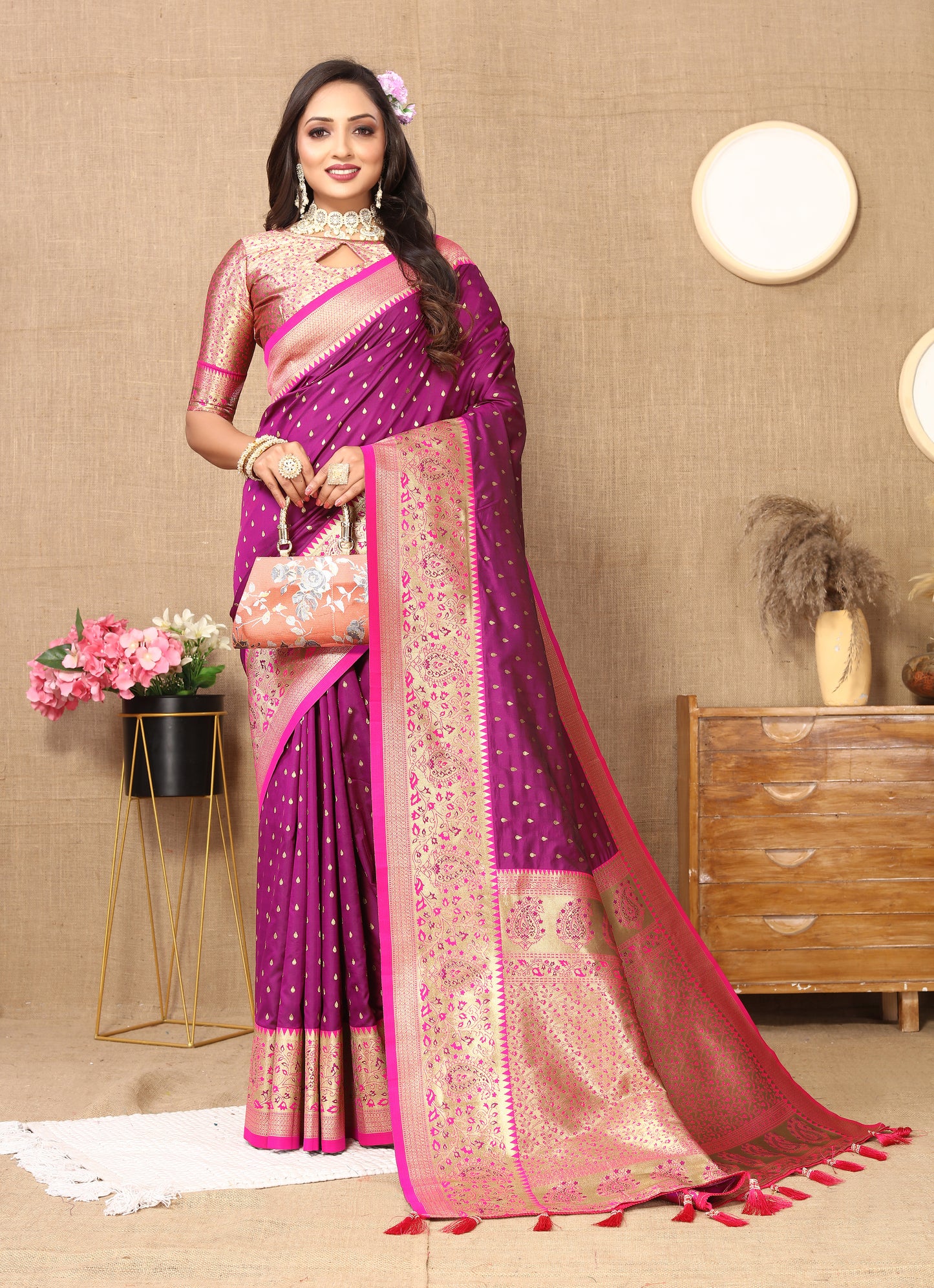 Wine Soft Silk Zari Motifs Saree With Brocade Blouse Piece
