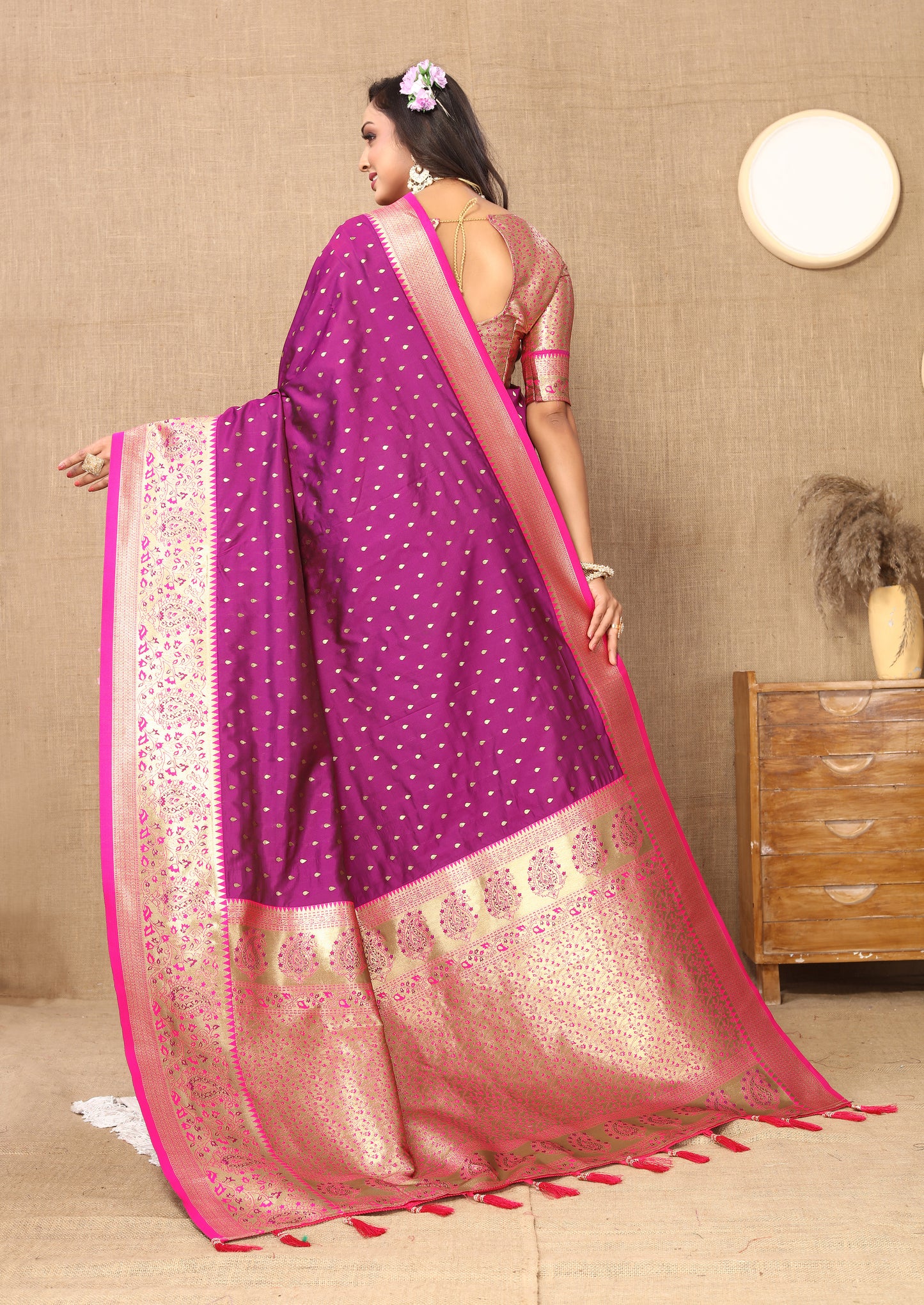 Wine Soft Silk Zari Motifs Saree With Brocade Blouse Piece
