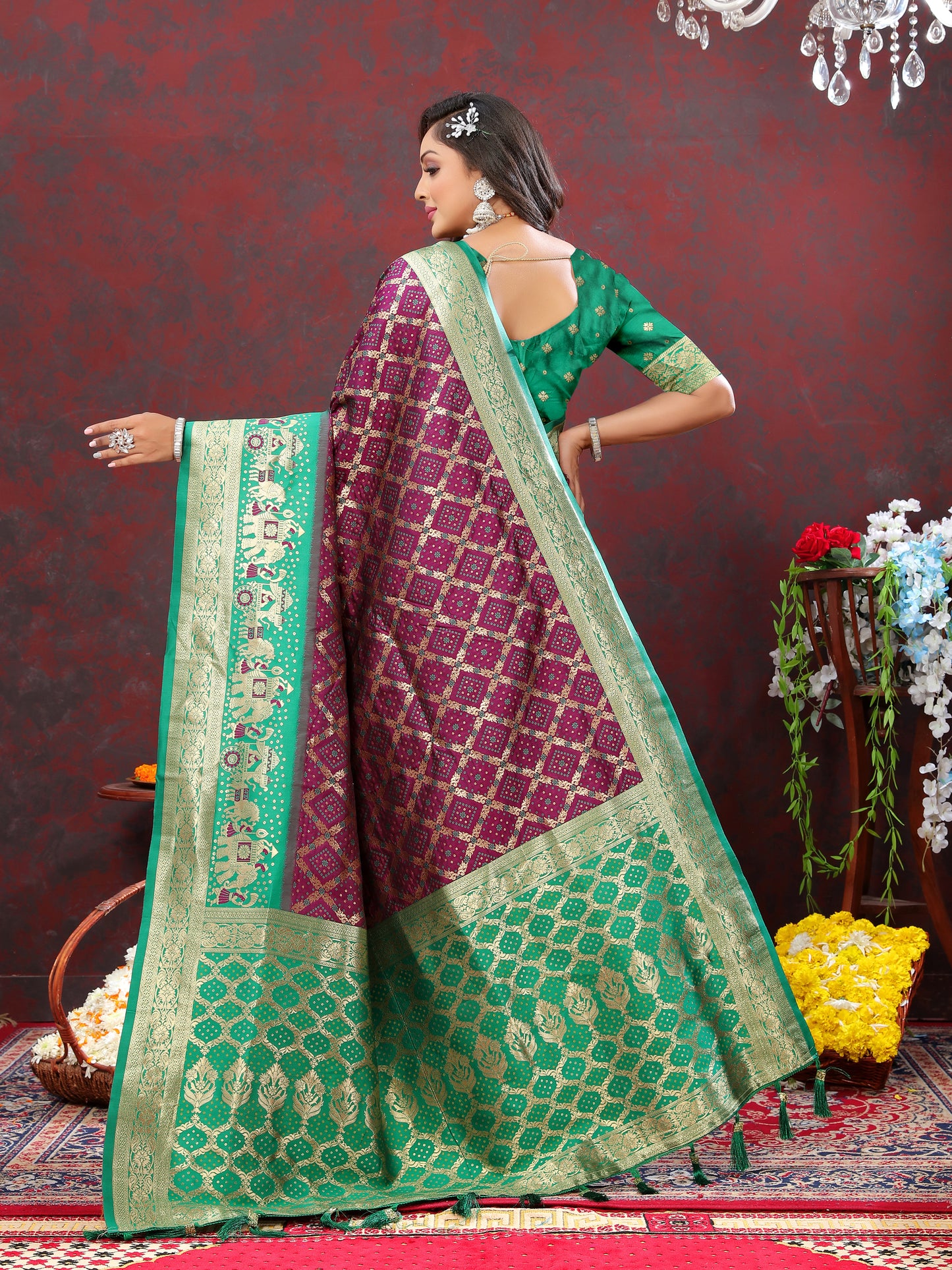 Maroon Classic Meenakari Bandhani Silk Saree