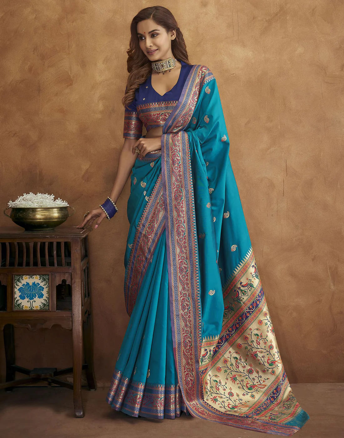 Aqua Blue Tassel Touch Meenakari Pethani Saree With Blouse Piece