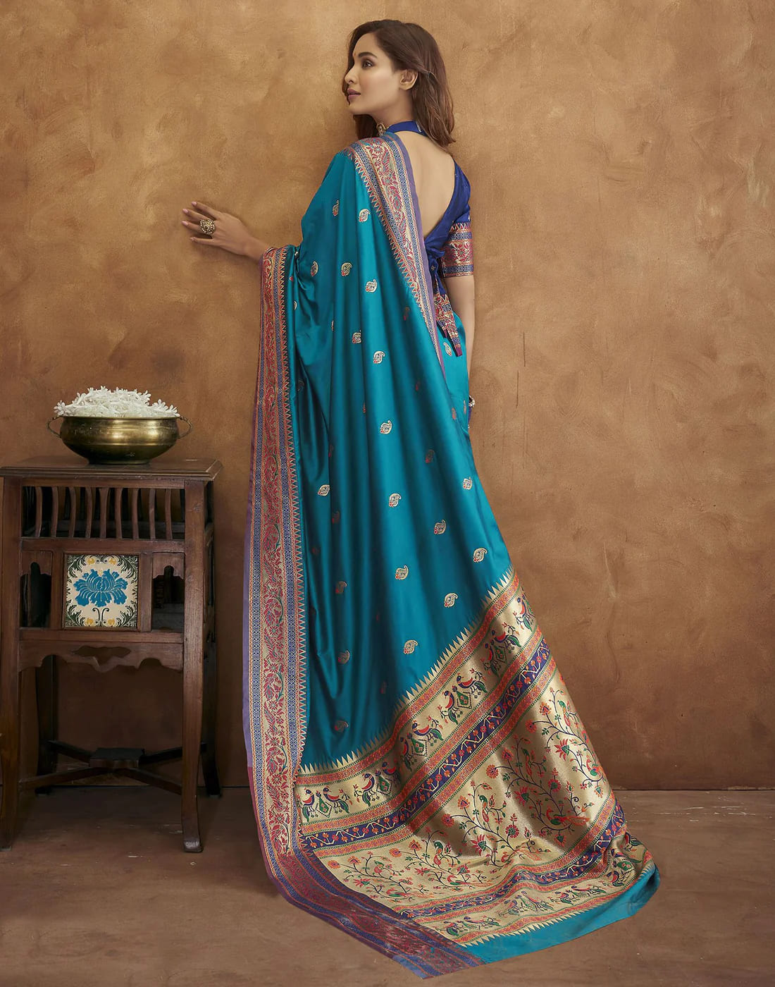 Aqua Blue Tassel Touch Meenakari Pethani Saree With Blouse Piece