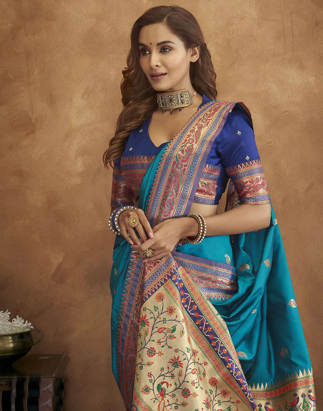 Aqua Blue Tassel Touch Meenakari Pethani Saree With Blouse Piece