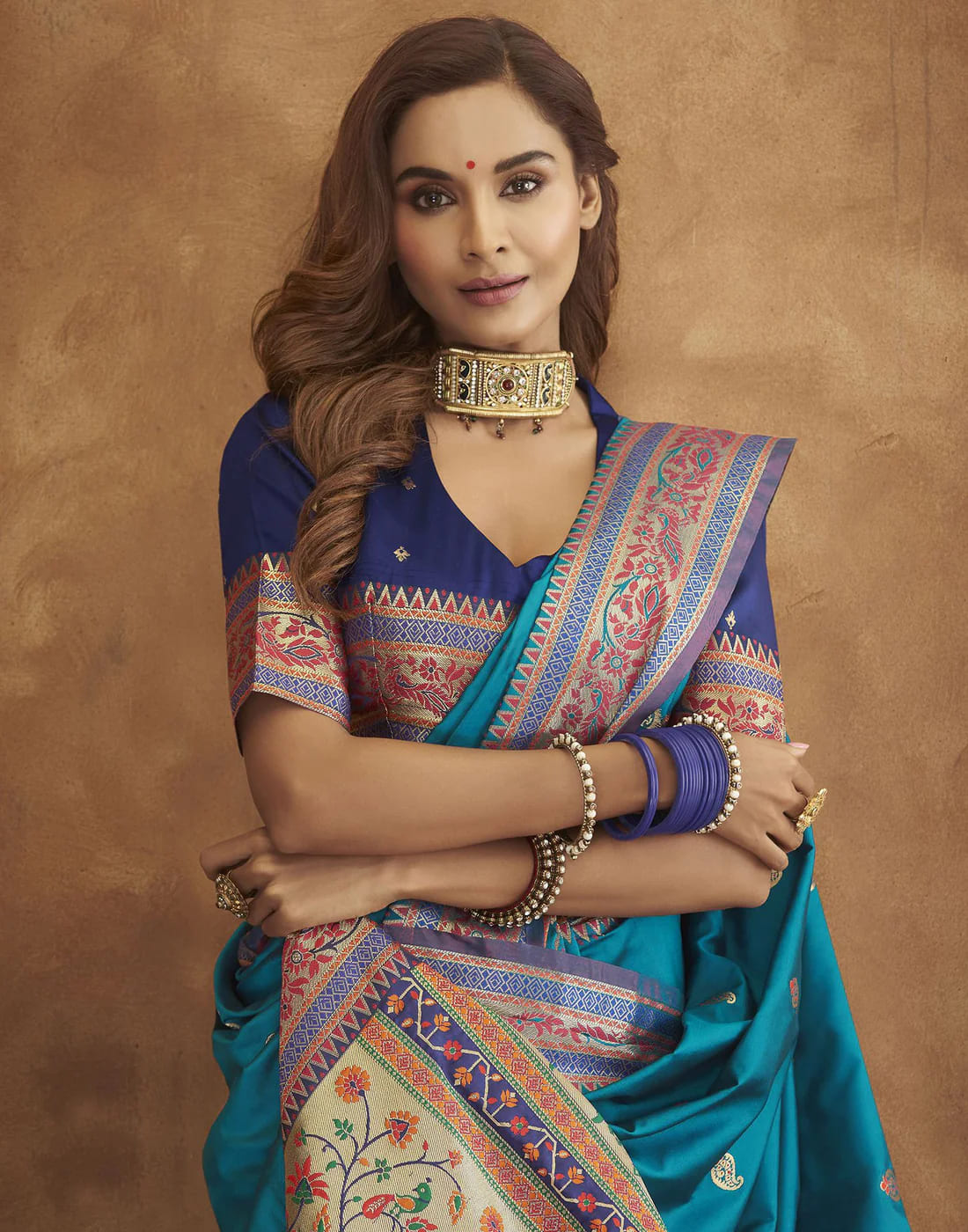 Aqua Blue Tassel Touch Meenakari Pethani Saree With Blouse Piece