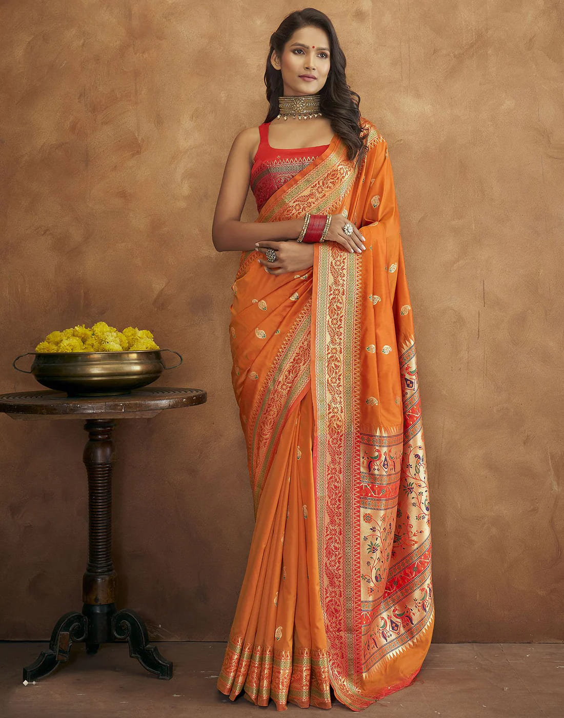 Orange Tassel Touch Meenakari Pethani Saree With Blouse Piece