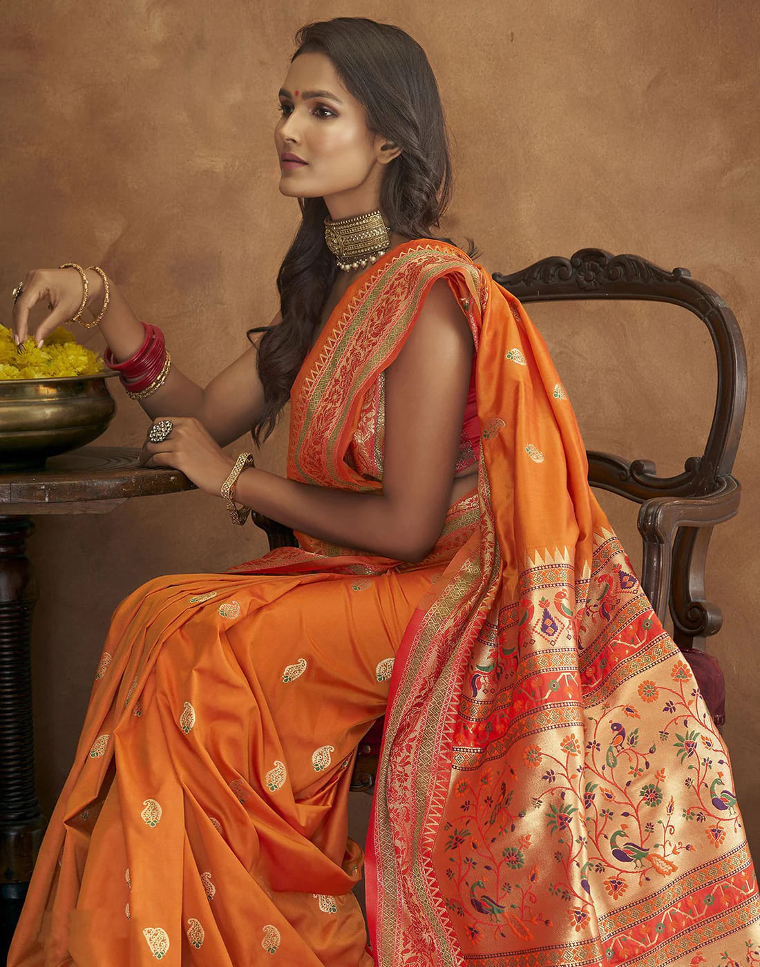 Orange Tassel Touch Meenakari Pethani Saree With Blouse Piece