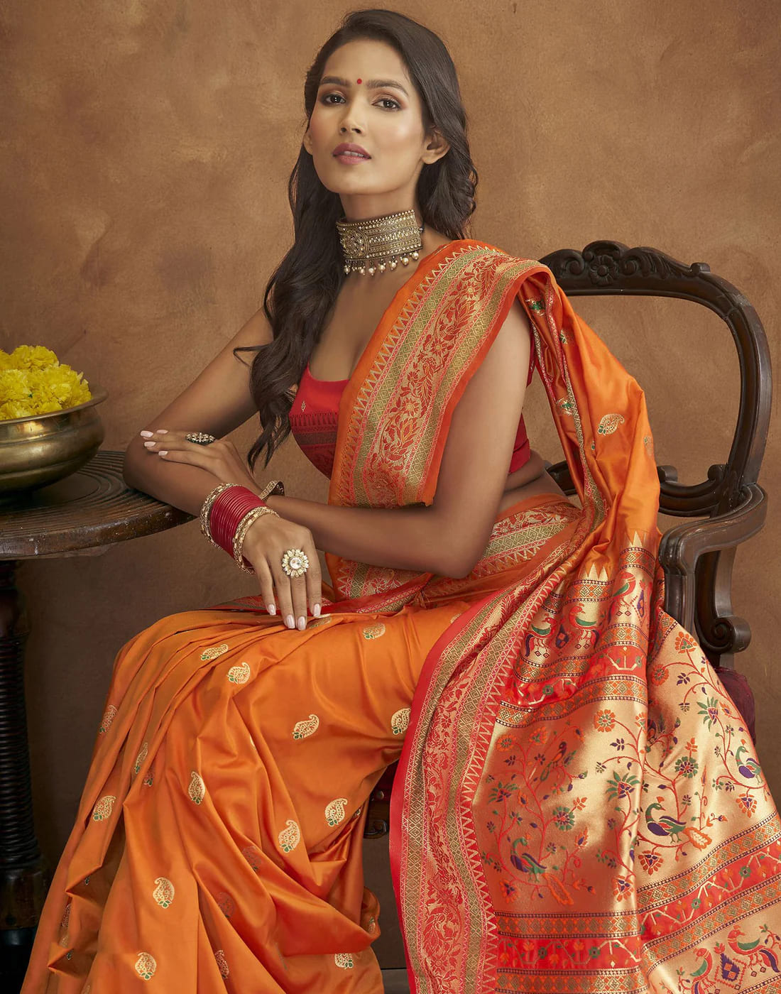 Orange Tassel Touch Meenakari Pethani Saree With Blouse Piece