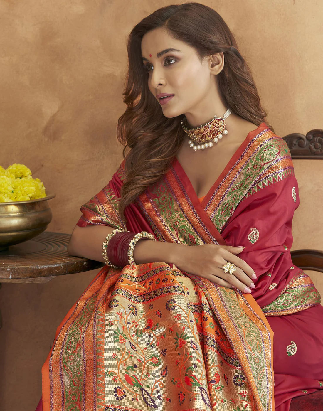 Maroon Tassel Touch Meenakari Pethani Saree With Blouse Piece