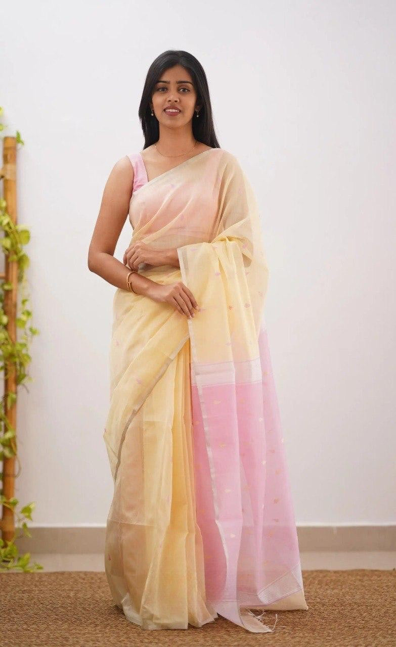 Cream Yellow Pure Linen Cotton Silk Saree With Blouse Piece