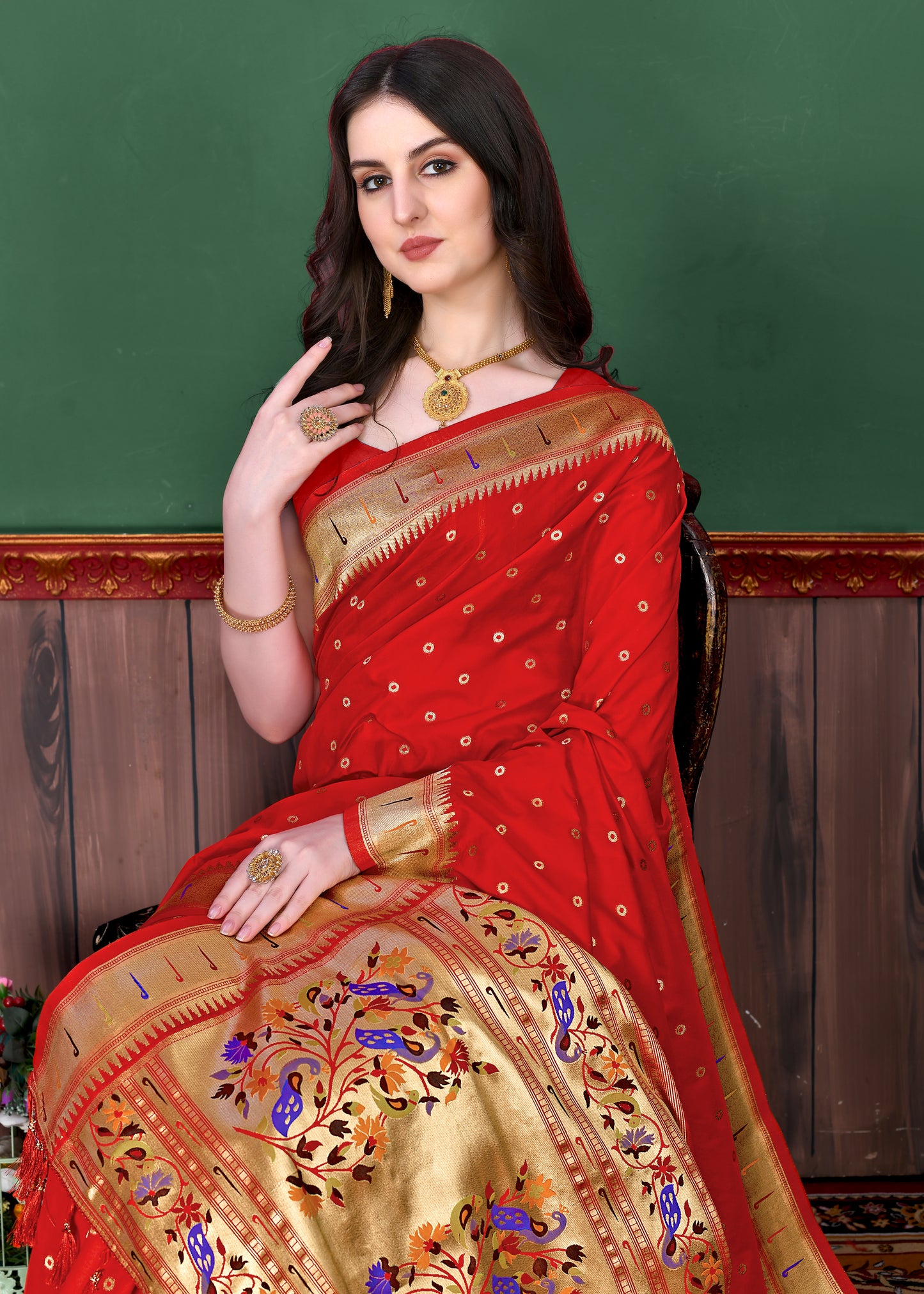 Red Timeless Meenakari Bindi Silk Saree With Blouse Piece