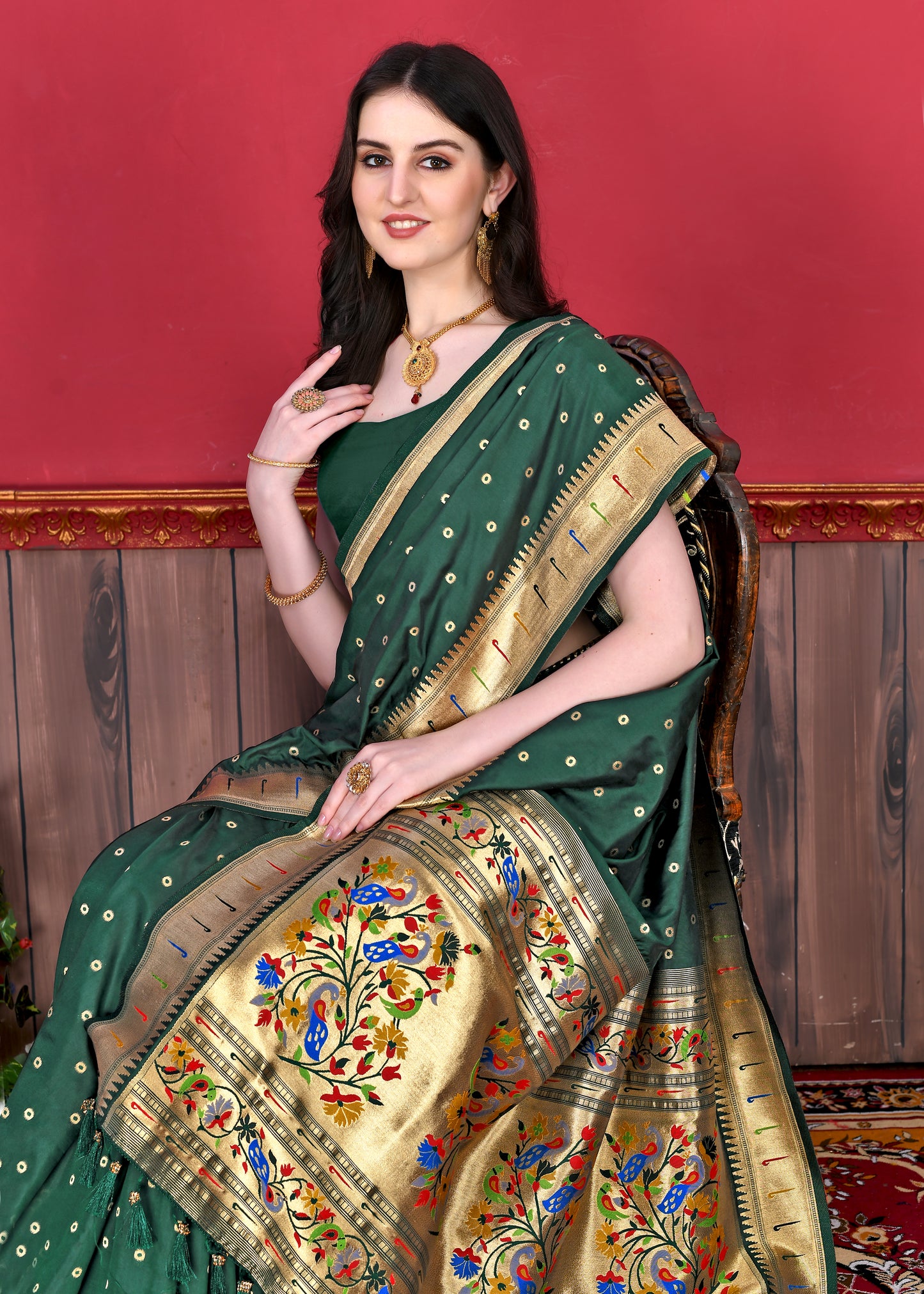 Green Timeless Meenakari Bindi Silk Saree With Blouse Piece