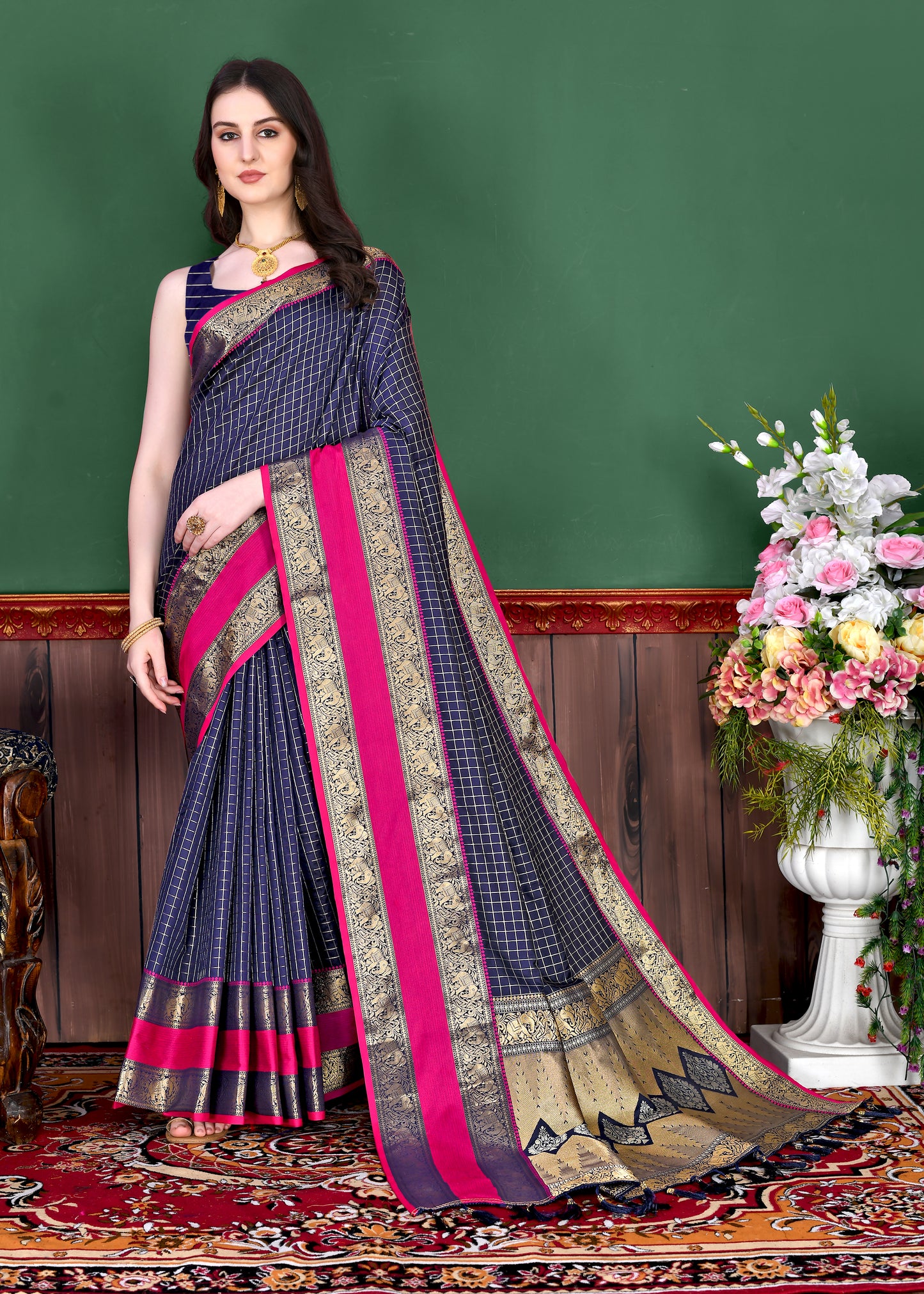 Blue Graceful Woven Chex Silk Saree With Blouse Piece