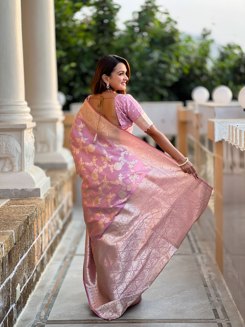 Baby Pink Soft Silk Banarasi Saree With Blouse Piece