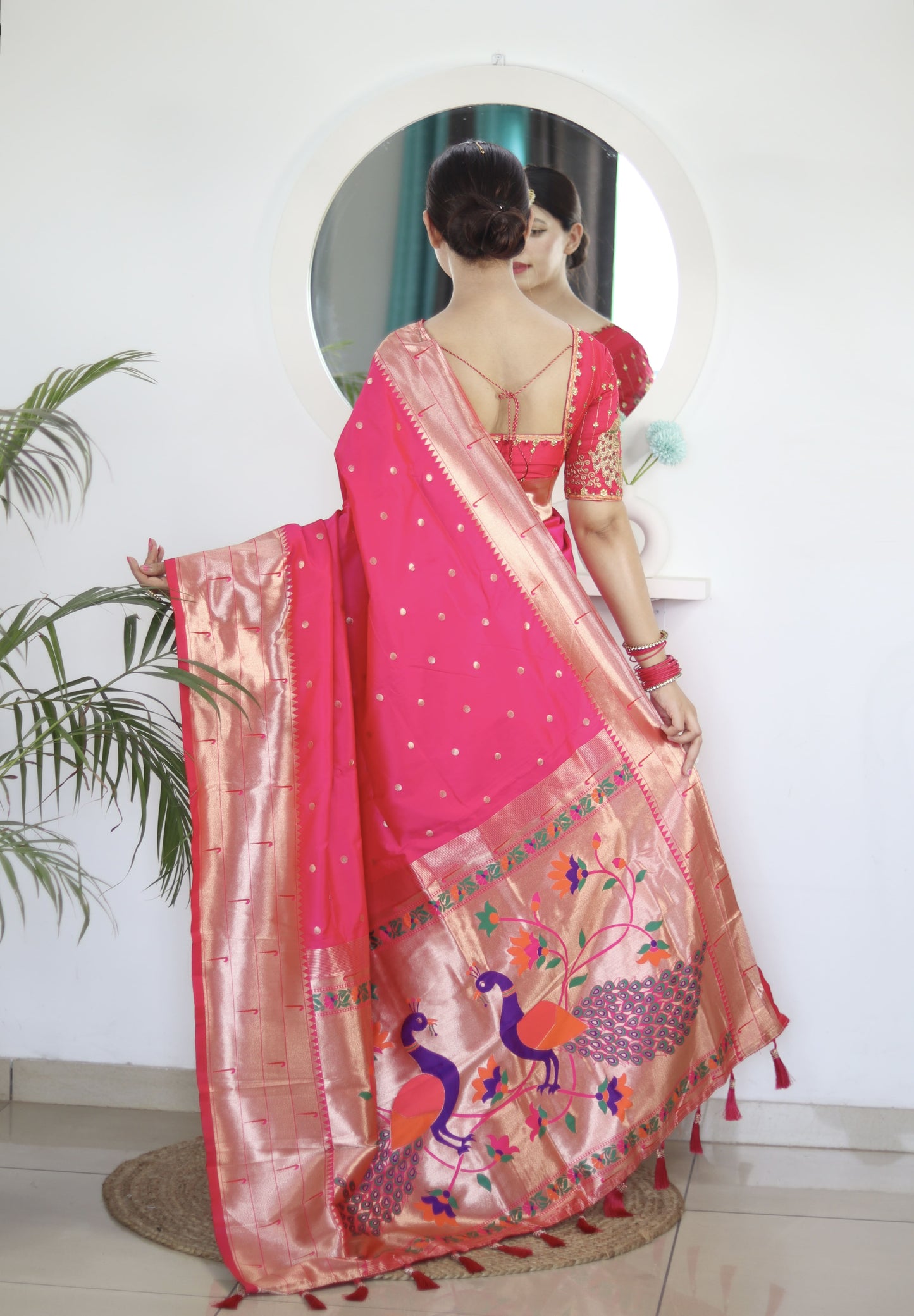 Pink Blue Royal Motif Pethani Silk Saree With Blouse Piece