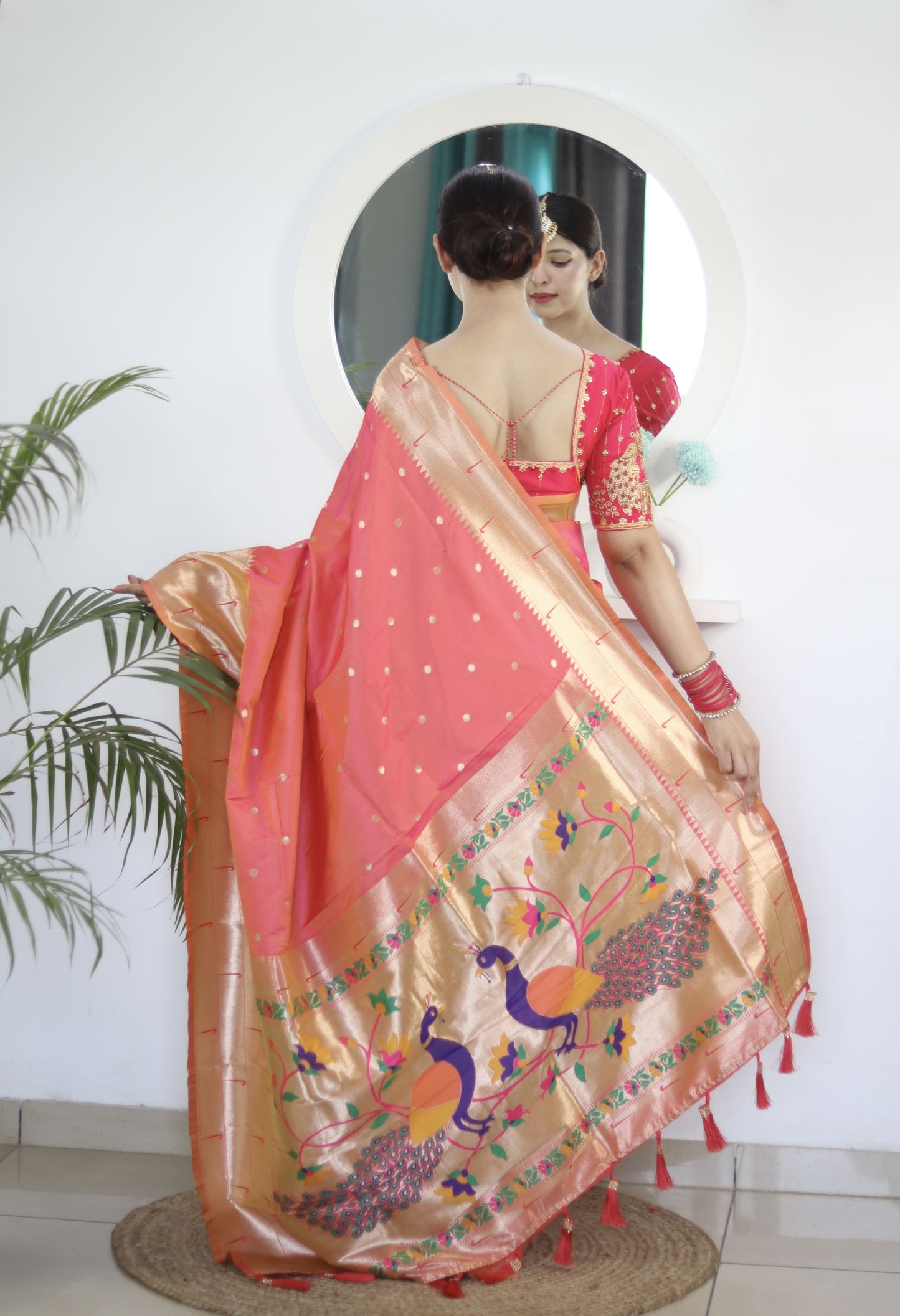 Peach Blue Royal Motif Pethani Silk Saree With Blouse Piece