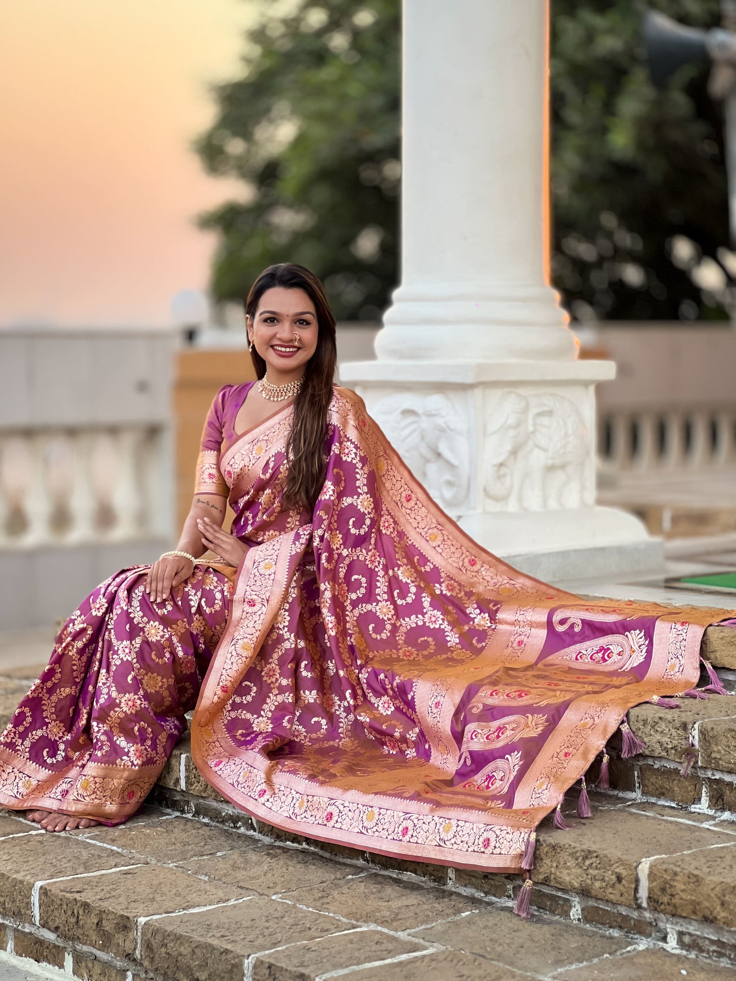 Dark Peach Graceful Glow Banarasi Silk Saree With Blouse Piece