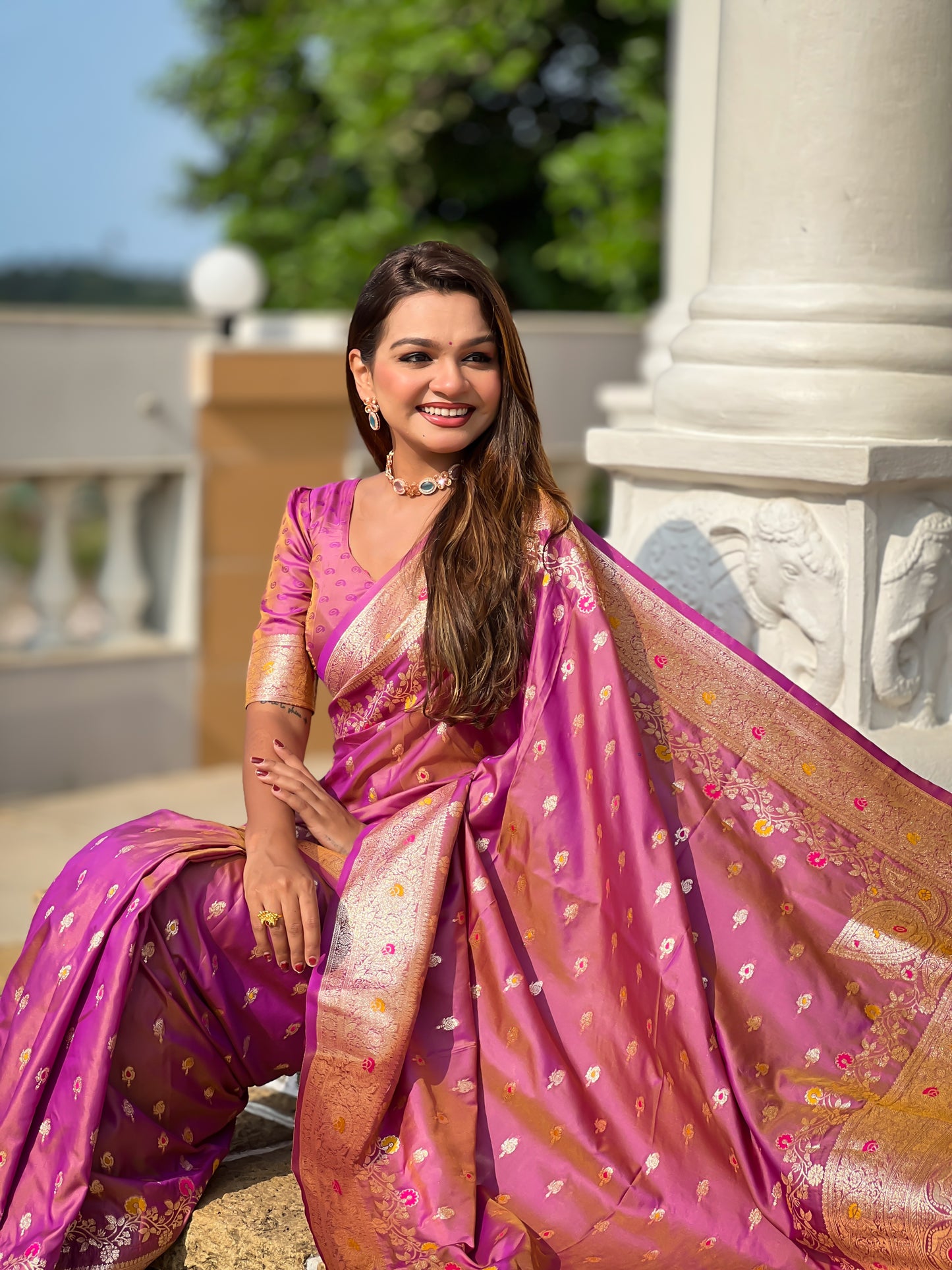 Dark Peach Graceful Meena Banarasi Silk Saree With Blouse Piece