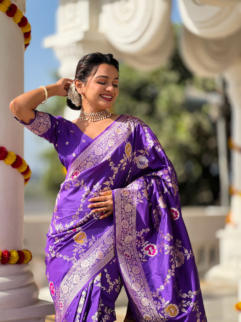 Purple Green Graceful Trending Banarasi Silk Saree With Blouse Piece