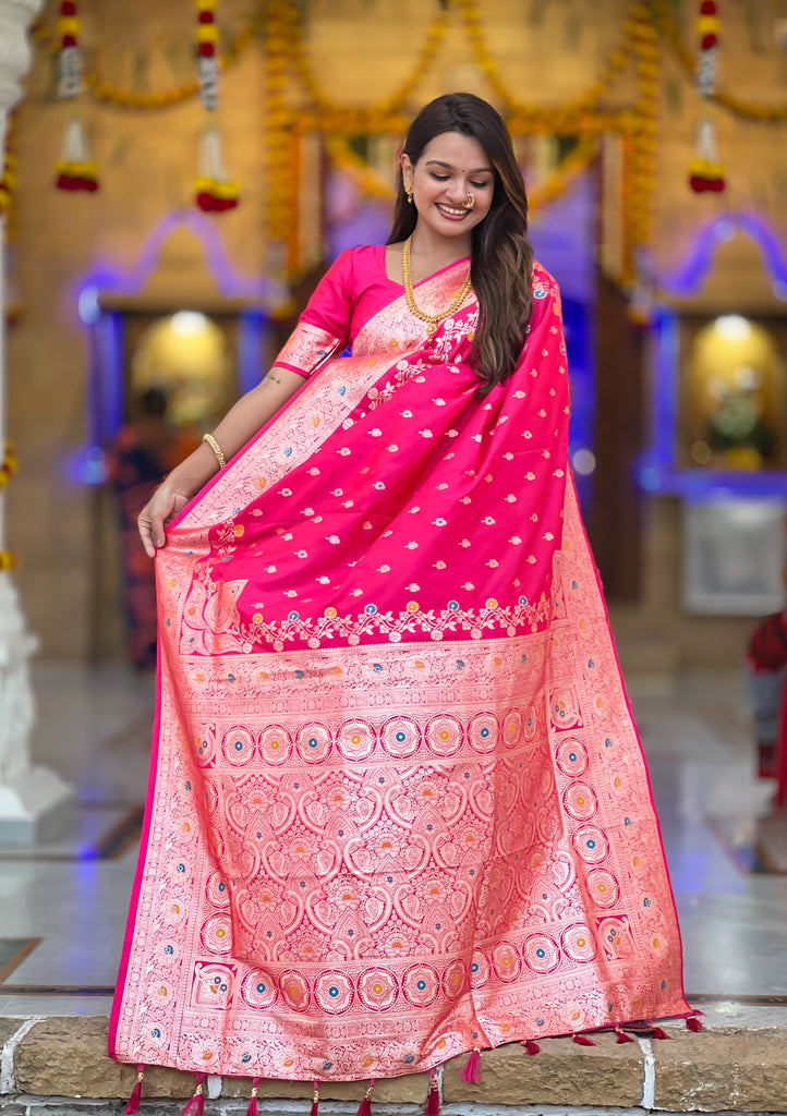 Pink Graceful Meena Banarasi Silk Saree With Blouse Piece
