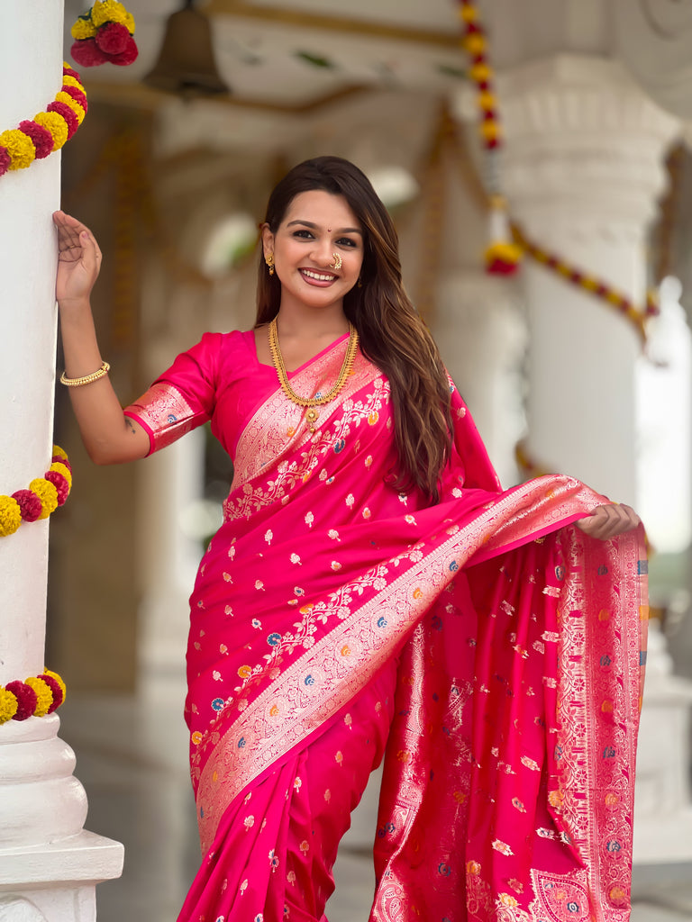 Pink Graceful Meena Banarasi Silk Saree With Blouse Piece