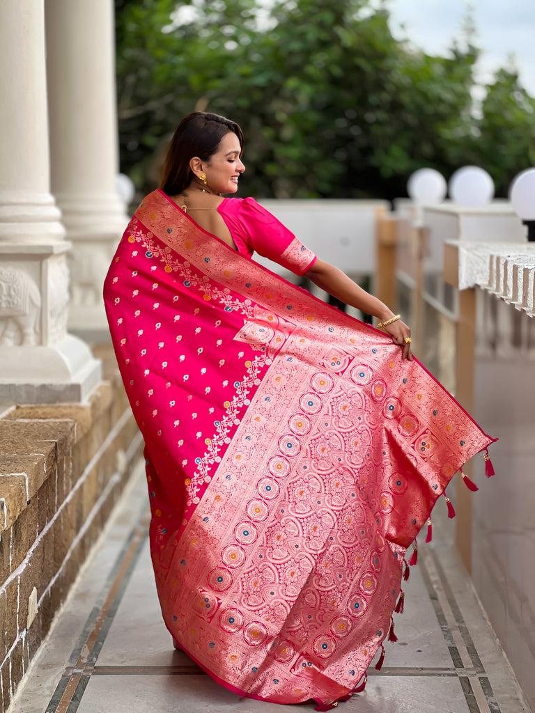 Pink Graceful Meena Banarasi Silk Saree With Blouse Piece