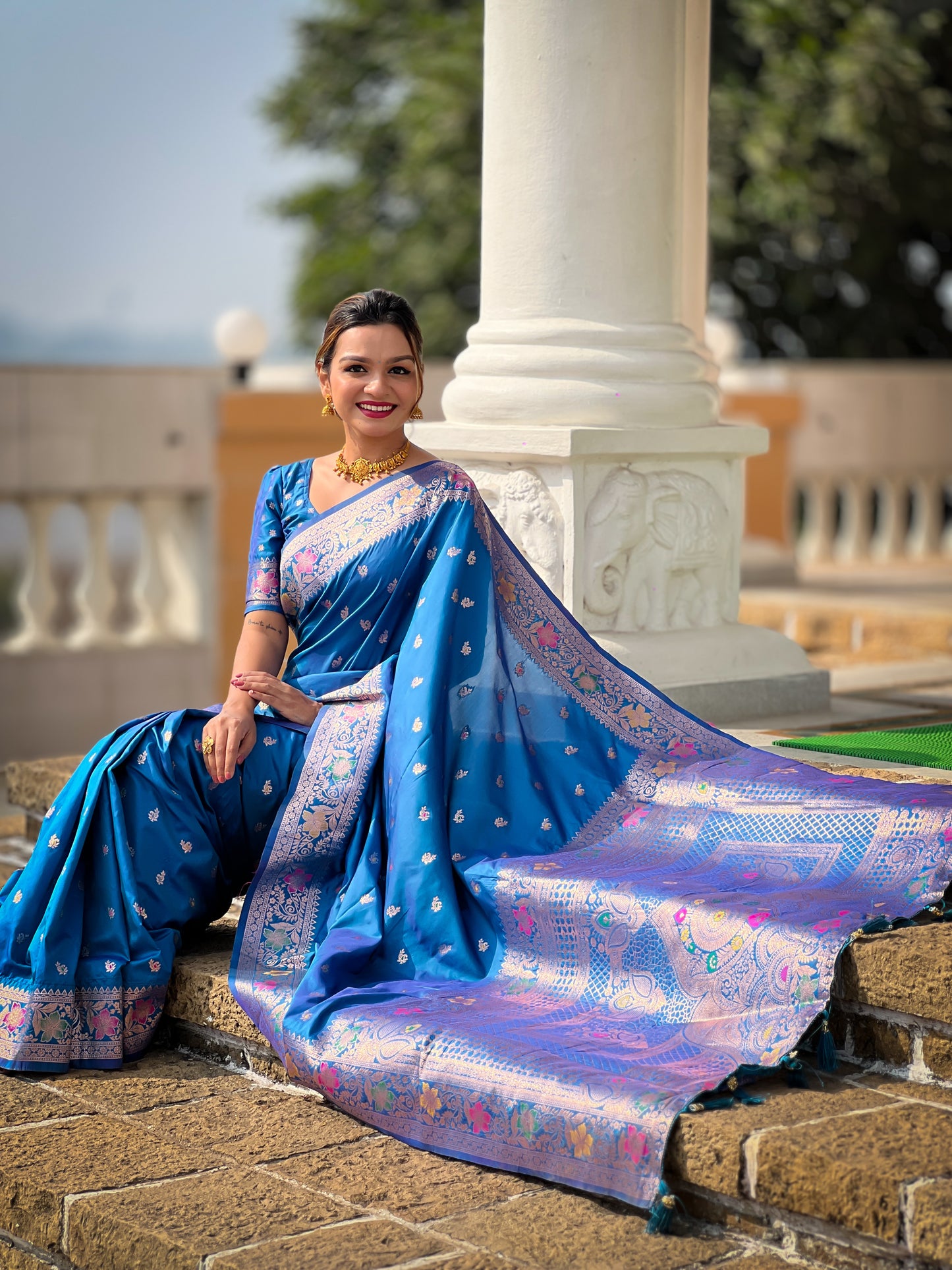 Sky Blue Zari Weaving Banarasi Saree With Blouse Piece