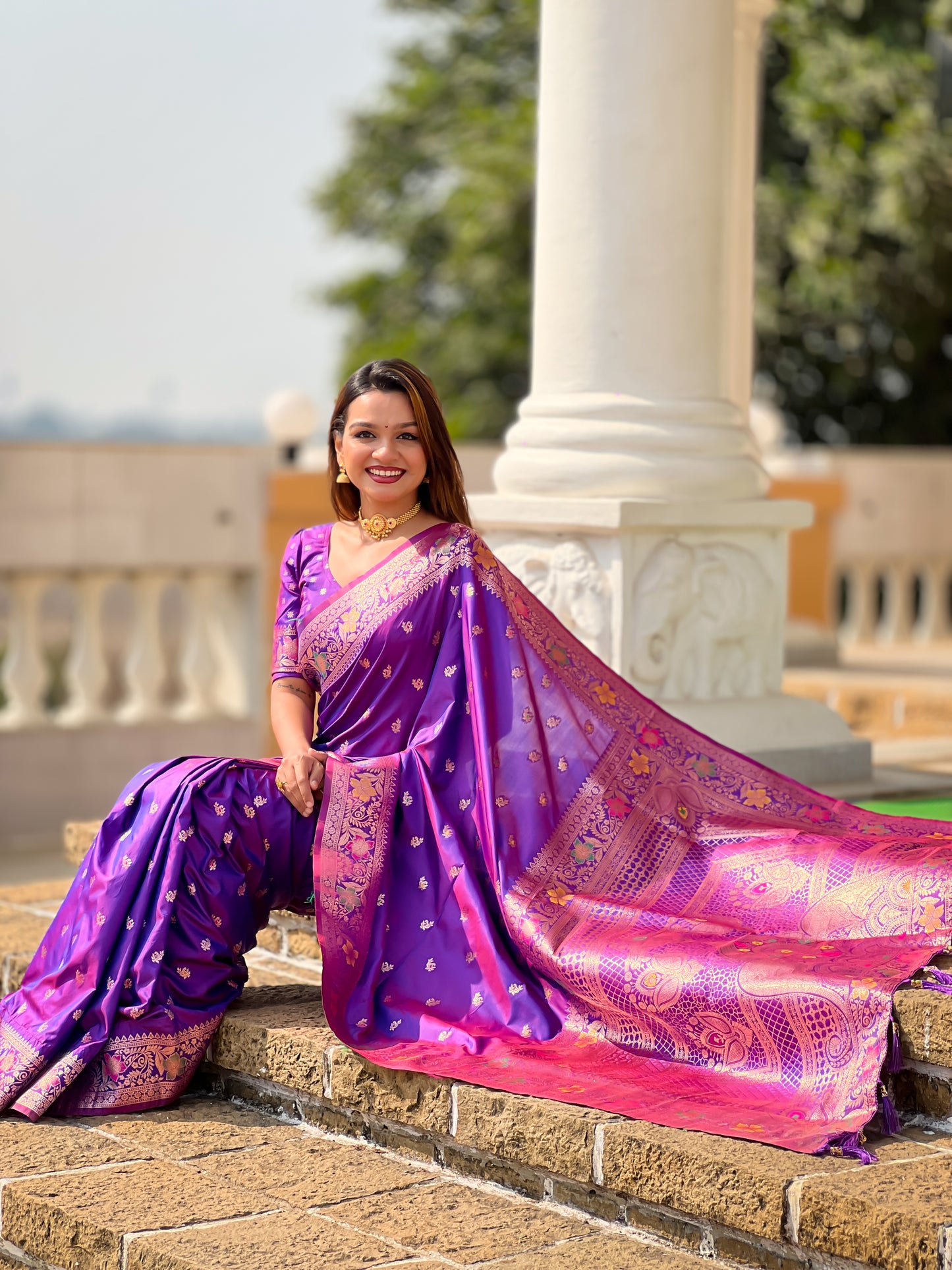 Purple Zari Weaving Banarasi Saree With Blouse Piece