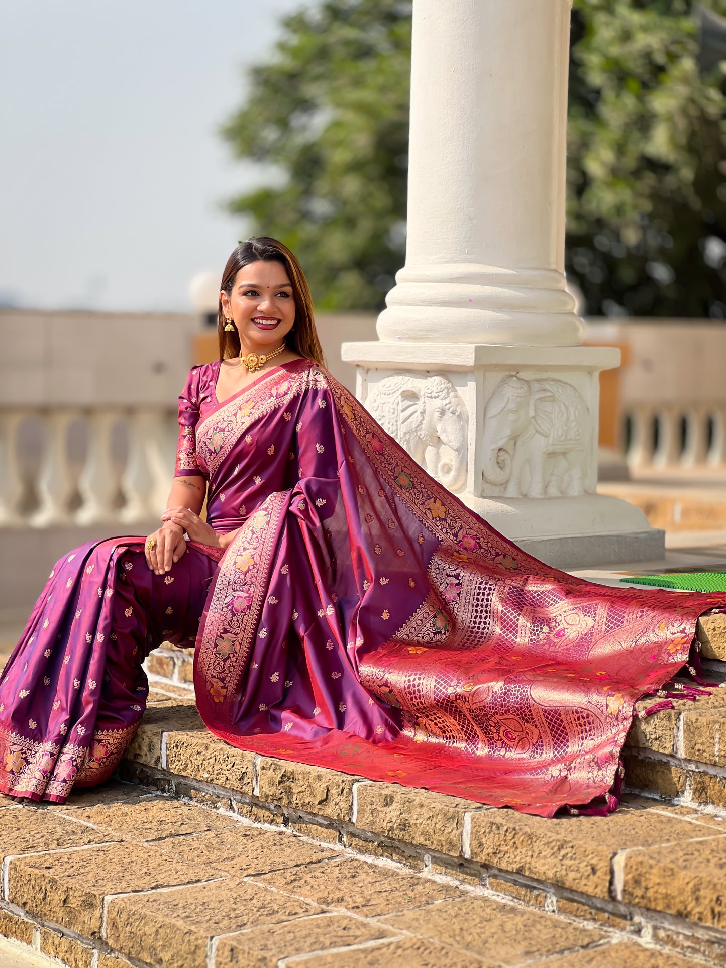 Wine Zari Weaving Banarasi Saree With Blouse Piece