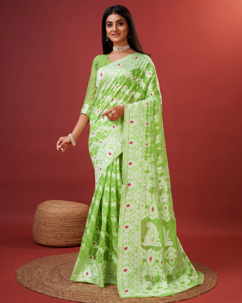 Parrot Green Bagicha Pure Rich Cotton Saree With Blouse Piece