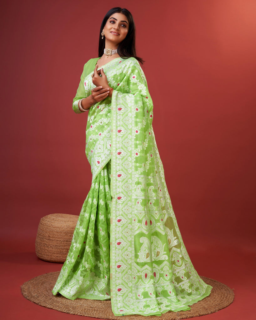 Parrot Green Bagicha Pure Rich Cotton Saree With Blouse Piece