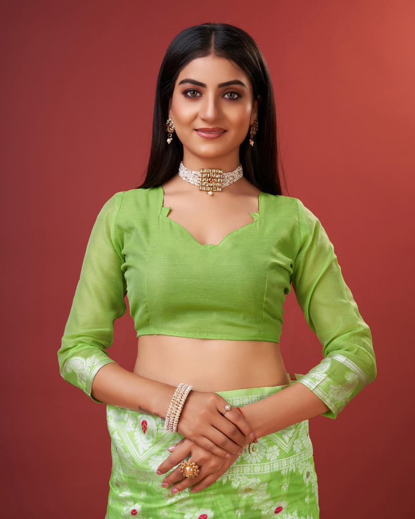 Parrot Green Bagicha Pure Rich Cotton Saree With Blouse Piece