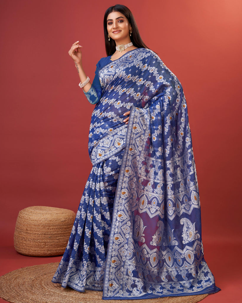 Navy Blue Bagicha Pure Rich Cotton Saree With Blouse Piece