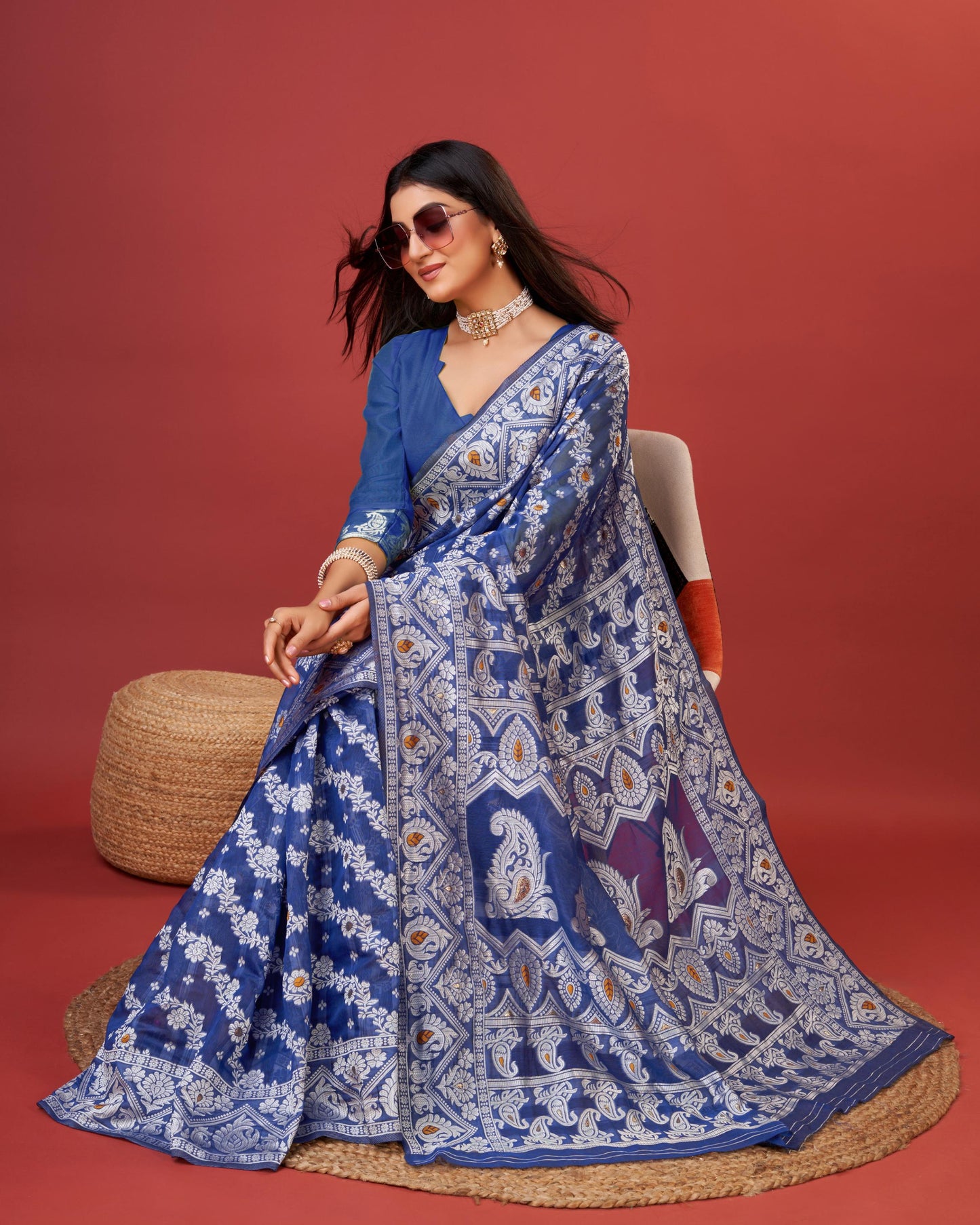 Navy Blue Bagicha Pure Rich Cotton Saree With Blouse Piece