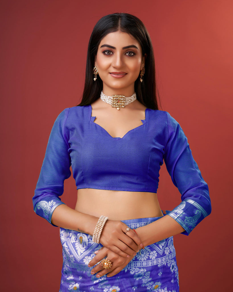 Navy Blue Bagicha Pure Rich Cotton Saree With Blouse Piece