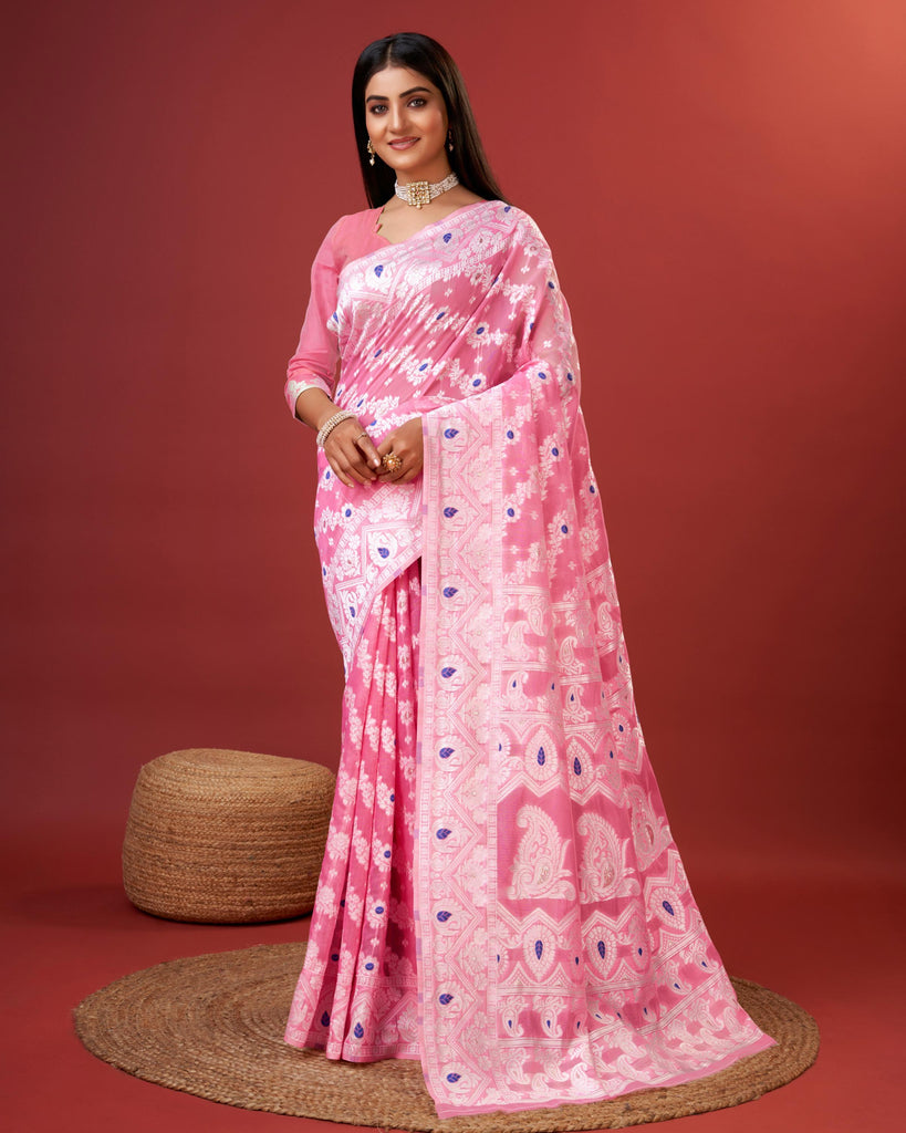 Pink Bagicha Pure Rich Cotton Saree With Blouse Piece