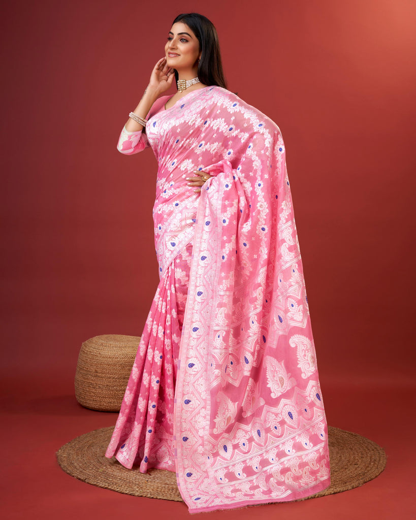 Pink Bagicha Pure Rich Cotton Saree With Blouse Piece