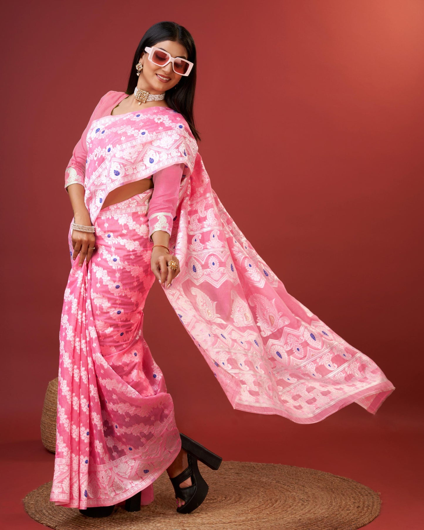 Pink Bagicha Pure Rich Cotton Saree With Blouse Piece