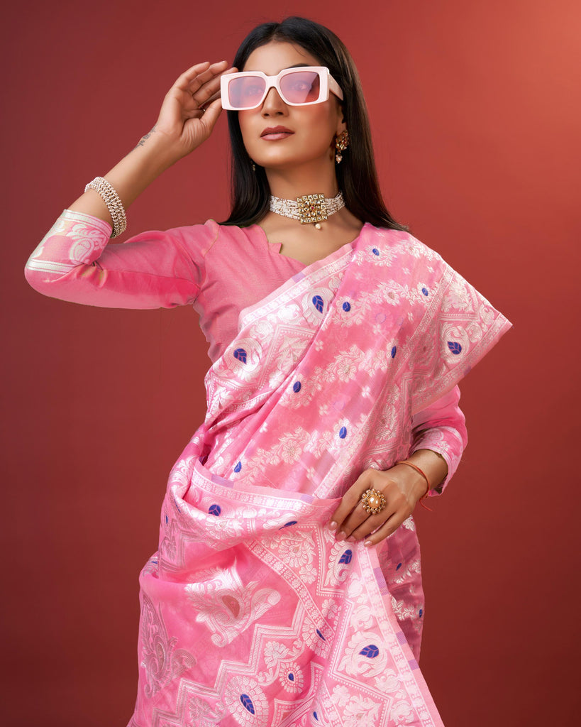 Pink Bagicha Pure Rich Cotton Saree With Blouse Piece