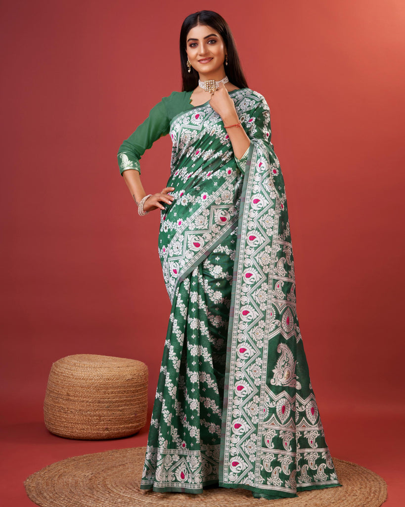 Green Bagicha Pure Rich Cotton Saree With Blouse Piece