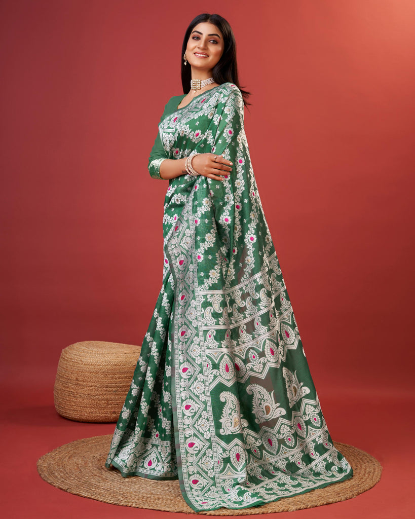 Green Bagicha Pure Rich Cotton Saree With Blouse Piece
