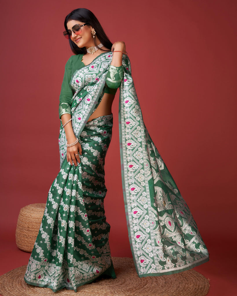 Green Bagicha Pure Rich Cotton Saree With Blouse Piece