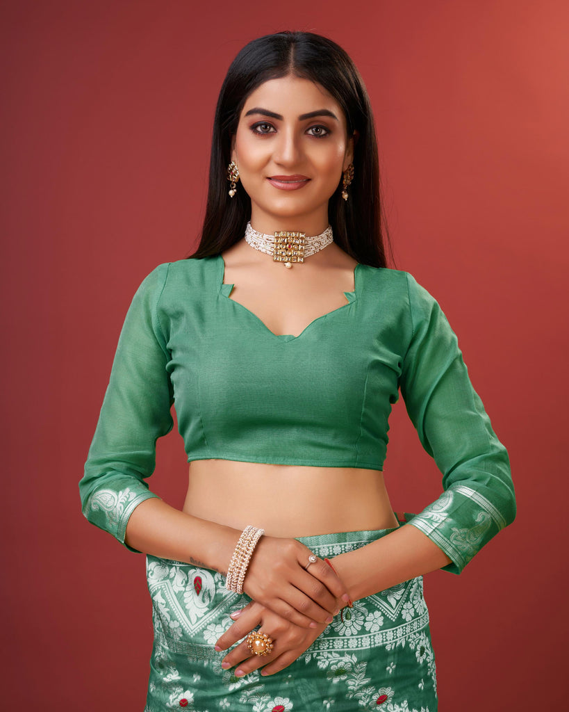 Green Bagicha Pure Rich Cotton Saree With Blouse Piece