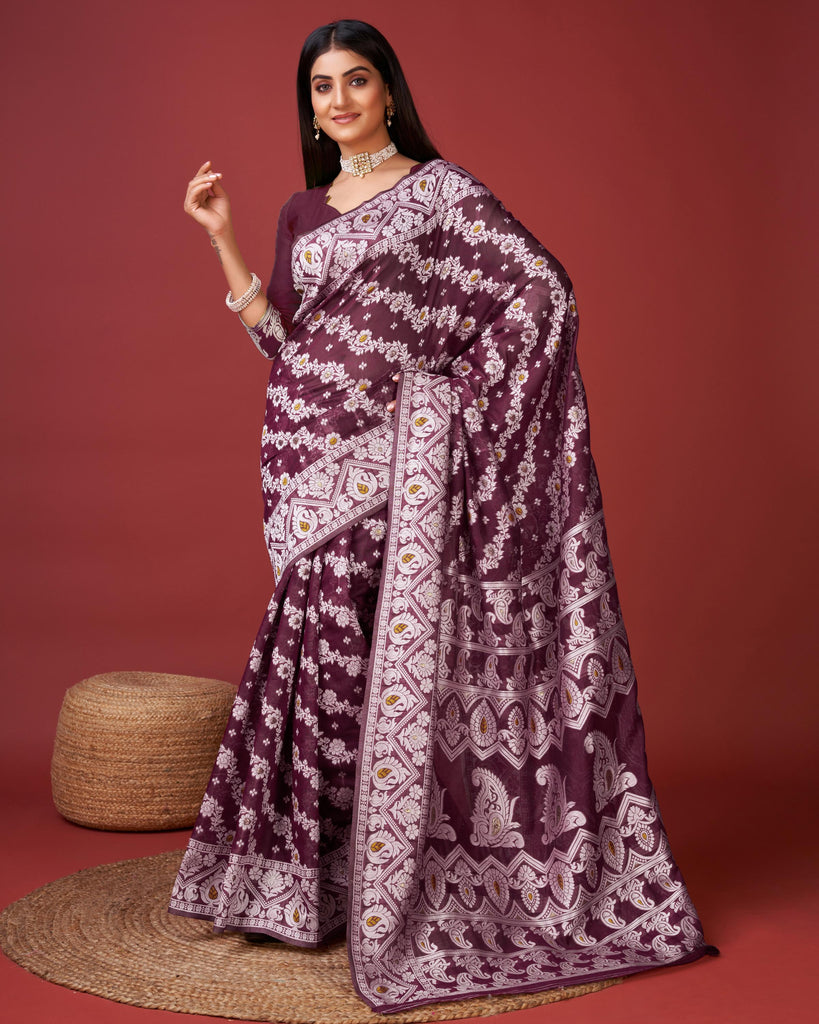 Wine Bagicha Pure Rich Cotton Saree With Blouse Piece