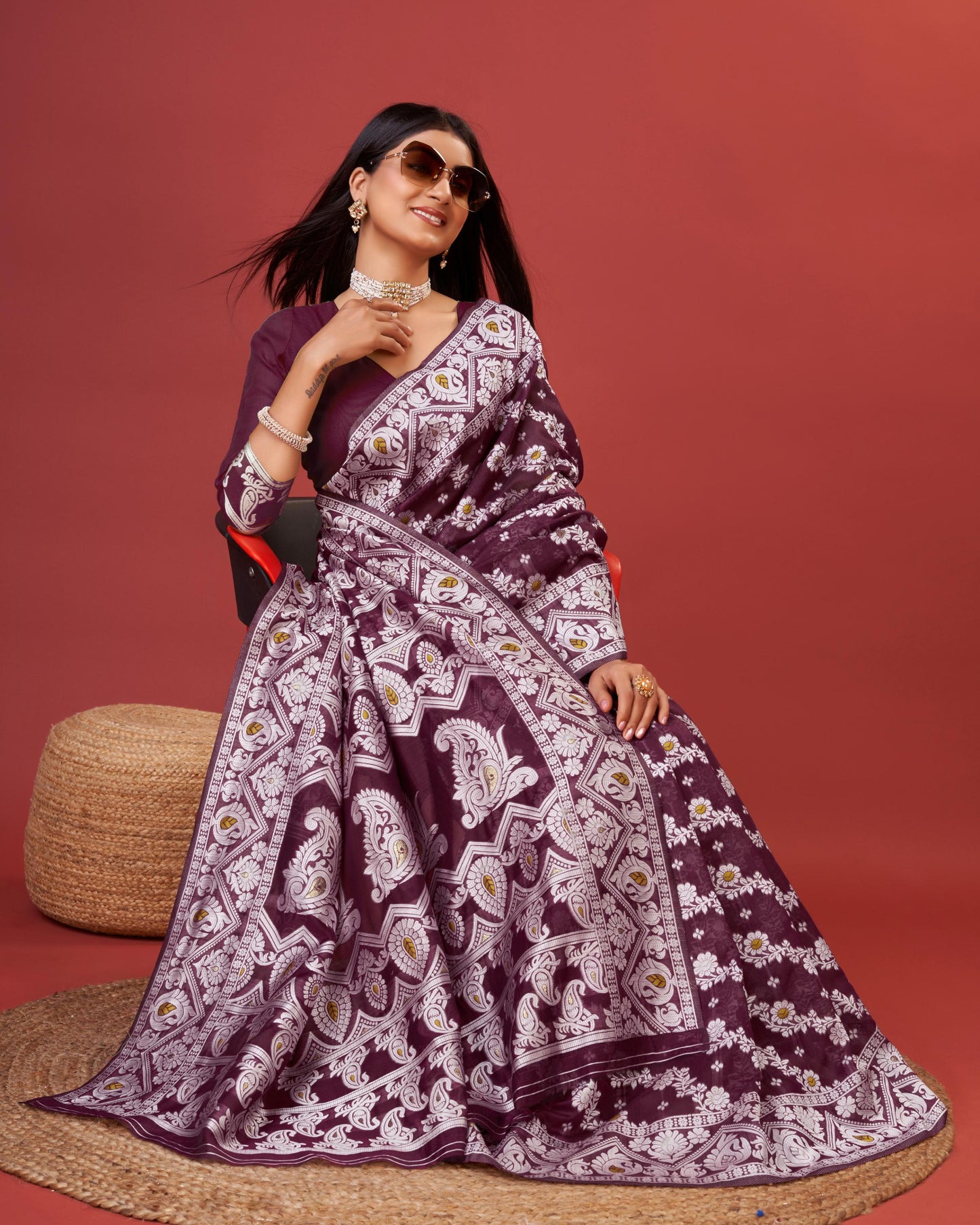 Wine Bagicha Pure Rich Cotton Saree With Blouse Piece