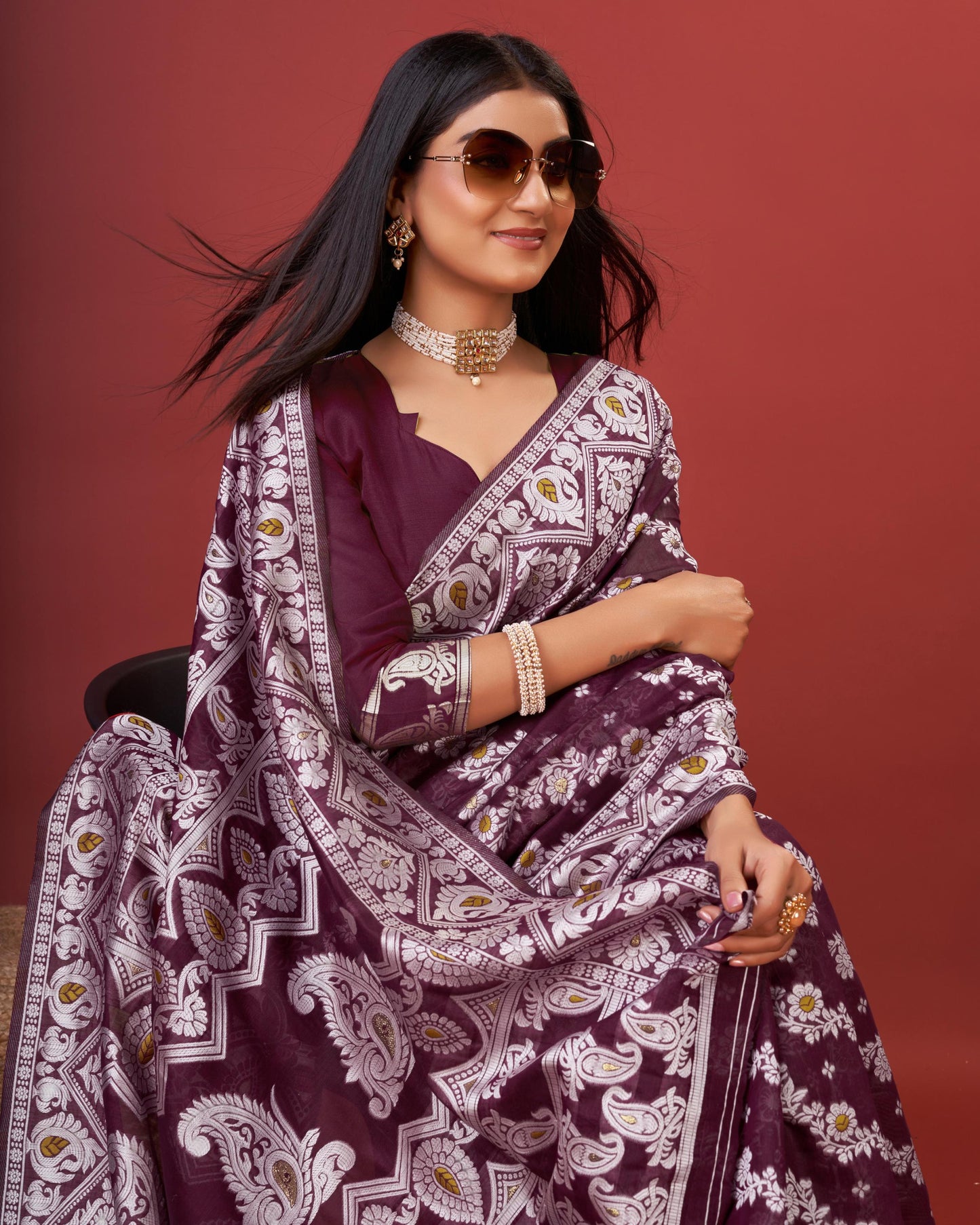 Wine Bagicha Pure Rich Cotton Saree With Blouse Piece