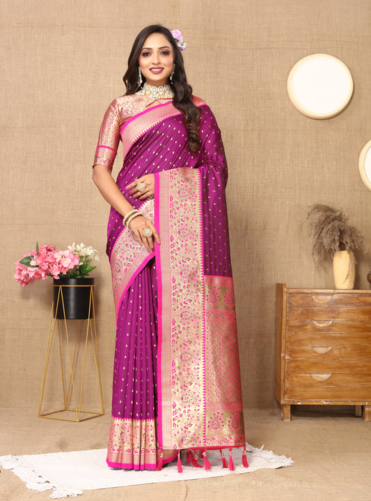 Wine Soft Silk Zari Motifs Saree With Brocade Blouse Piece
