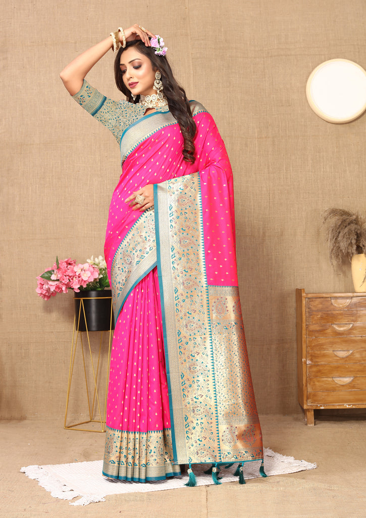 Pink Soft Silk Zari Motifs Saree With Brocade Blouse Piece