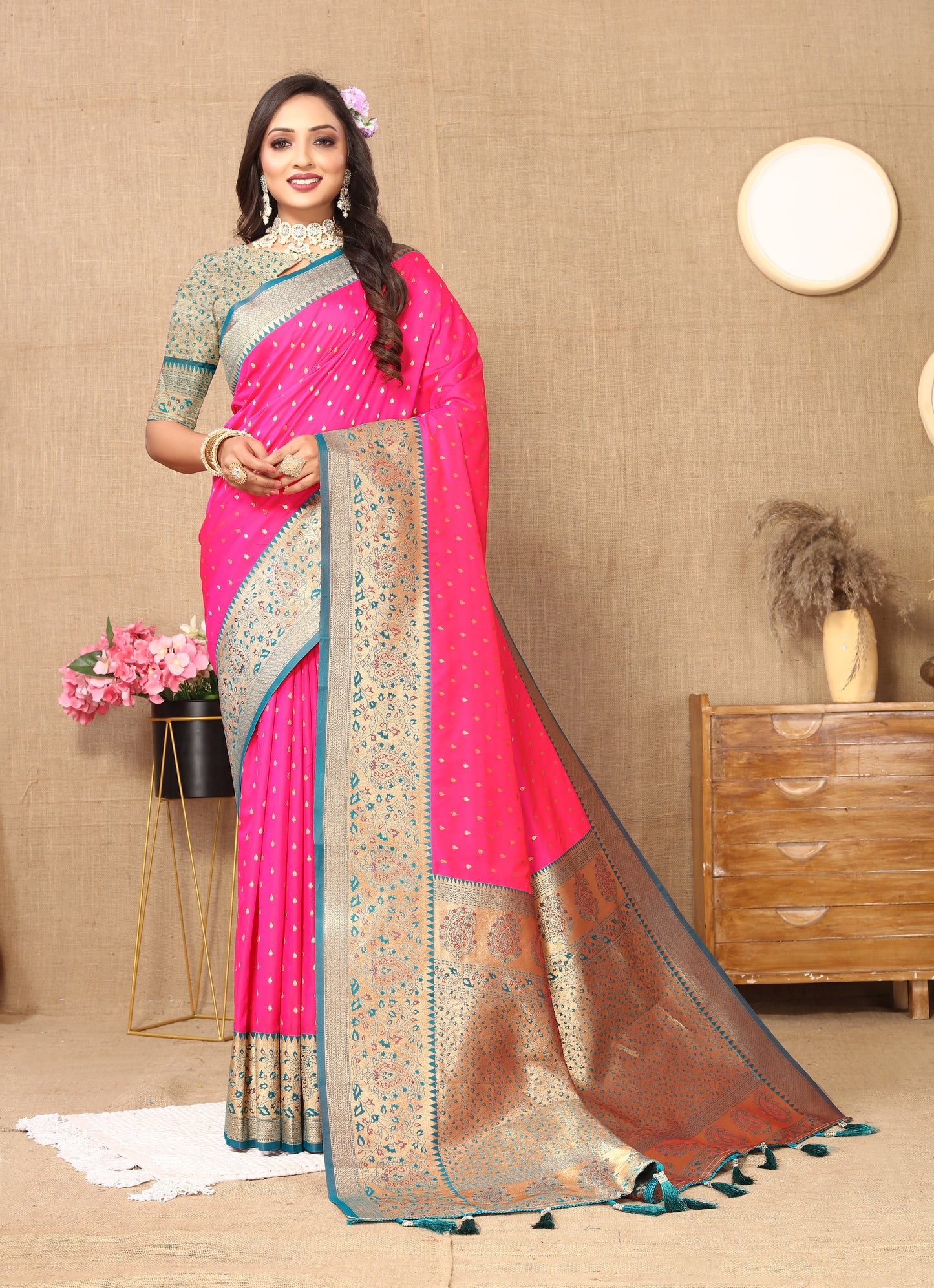 Pink Soft Silk Zari Motifs Saree With Brocade Blouse Piece