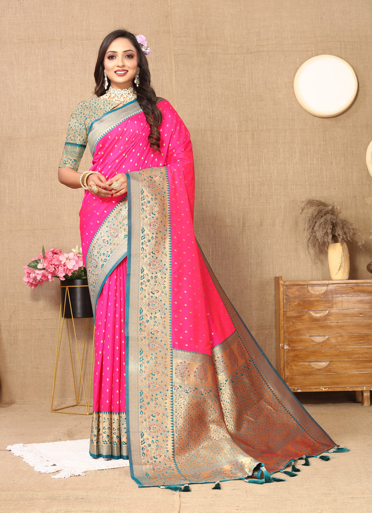Pink Soft Silk Zari Motifs Saree With Brocade Blouse Piece