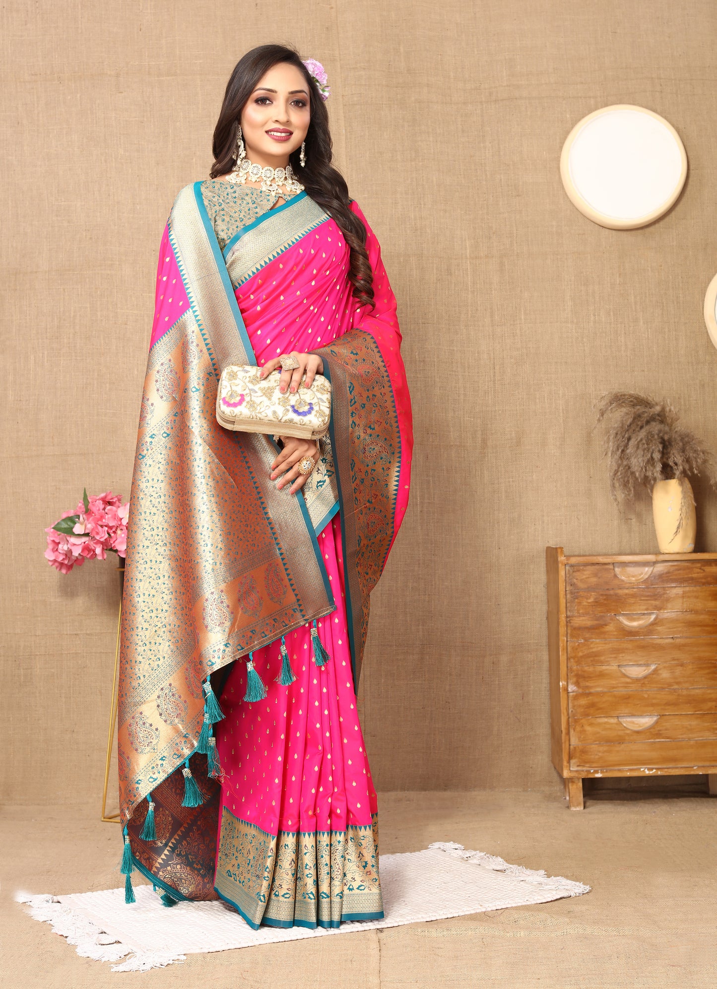 Pink Soft Silk Zari Motifs Saree With Brocade Blouse Piece
