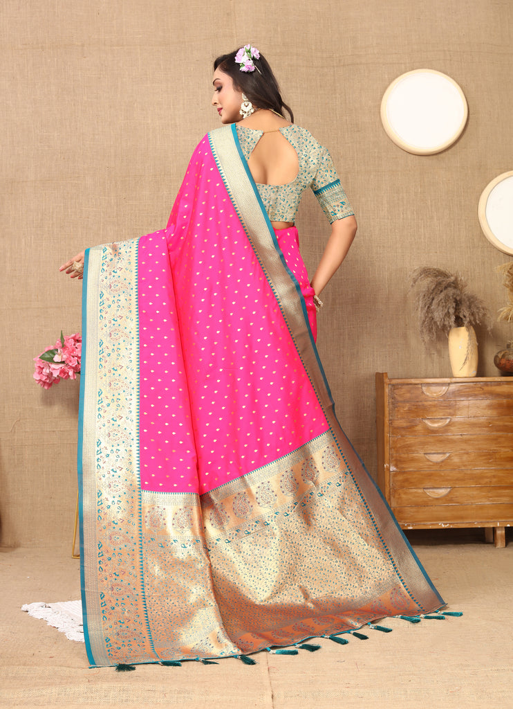 Pink Soft Silk Zari Motifs Saree With Brocade Blouse Piece